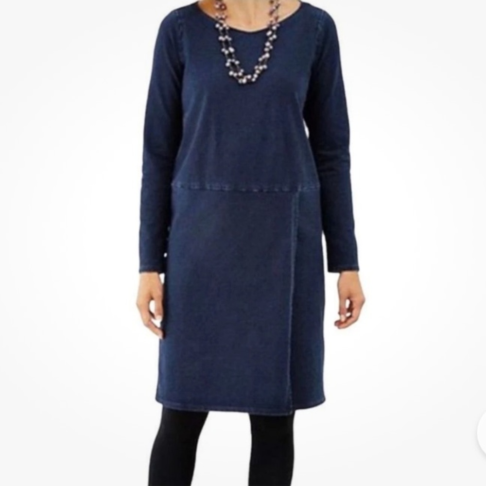 Pure Jill Indigo Faux Wrap Long Sleeve Shift Dress Size Small Petite Casual Soft